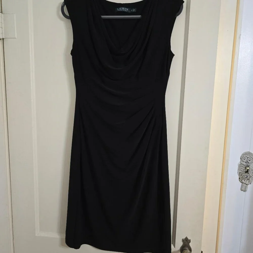 10 Lauren Ralph Lauren Black Rushed Faux Wrap Lined Cap Sleeve Dress